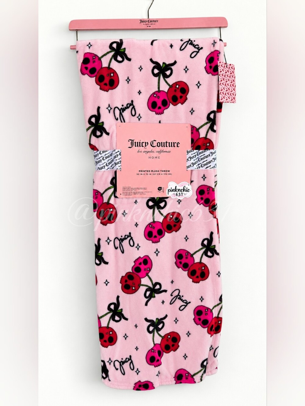 Juicy Couture Pink Skull Cherry Plush Halloween Throw Blanket